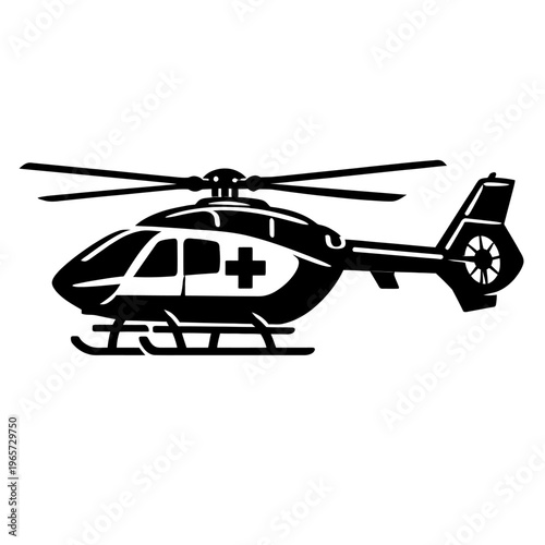 Medical helicopter silhouette with cross symbol on side flying high in the sky for medical transport and rescue missions