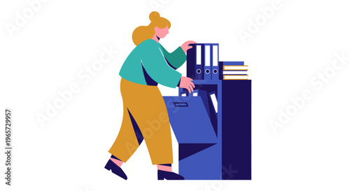 Woman organizing office files and binders in a cabinet