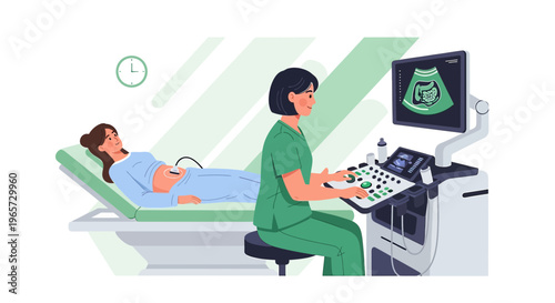 Doctor performing ultrasound examination on a pregnant woman in a clinic