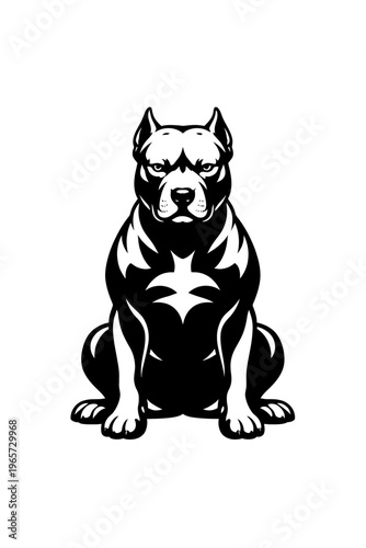 A black and white illustration of a muscular dog with a star on its chest sitting on the floor looking forward