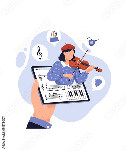 Young violinist practices music theory concepts using an interactive digital lesson displayed on a tablet screen.