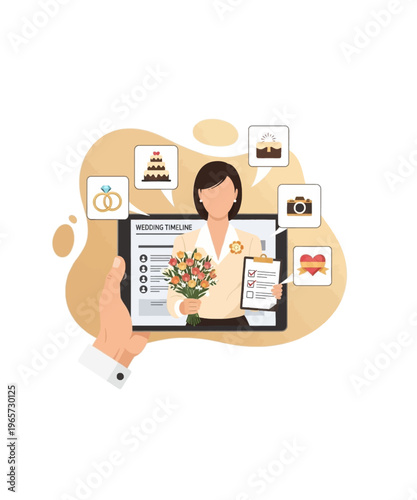 Professional wedding planner manages crucial event timeline details using a digital tablet interface effectively.