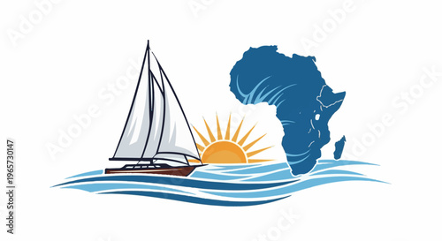 Sailboat, sun, and Africa map on wavy blue water