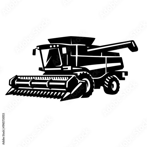 Black and white illustration of a combine harvester for agriculture and farming use on a white background