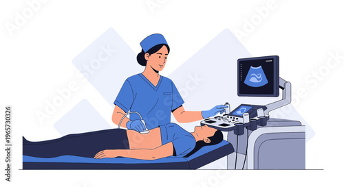Doctor performing ultrasound examination on patient lying down, medical technology