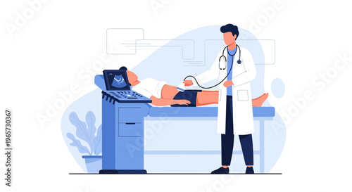 Doctor performing ultrasound examination on patient lying on examination table, medical technology