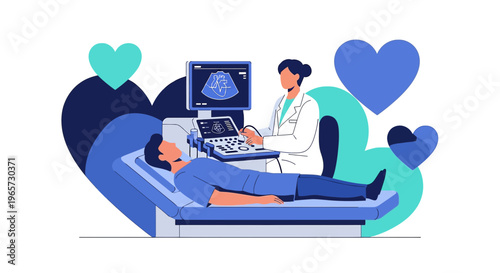 Doctor Performing Ultrasound Examination on Patient Lying on Bed, Medical Heart Health Concept