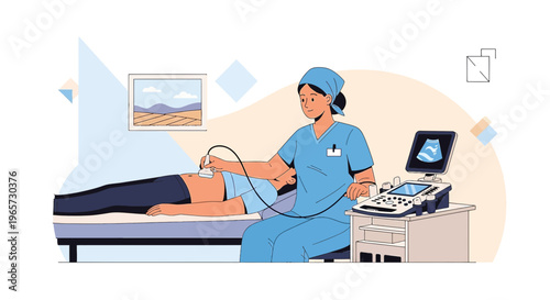 Doctor performing ultrasound examination on patient lying on examination table in clinic