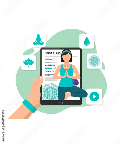 A hand holding a digital tablet displaying an online yoga class featuring a woman in a meditative pose.