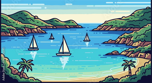 Sailboats glide across a tranquil turquoise bay, fringed by verdant hills and a sandy beach