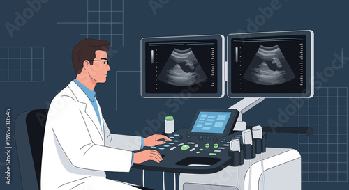 Doctor performing ultrasound examination on patient, medical technology, diagnostic imaging