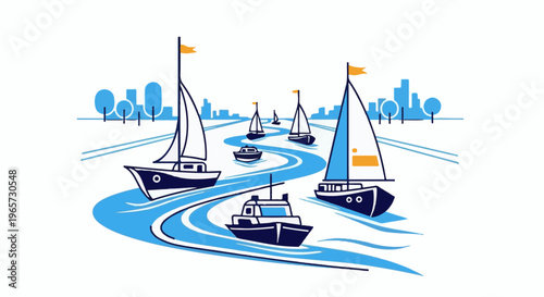 Sailboats navigate a winding river towards a city skyline