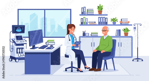 Doctor Advising Senior Patient in Modern Clinic