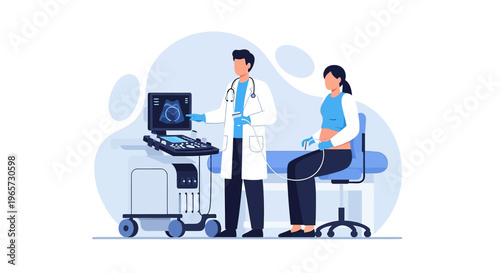 Doctor Performing Ultrasound Examination on Pregnant Woman in Clinic