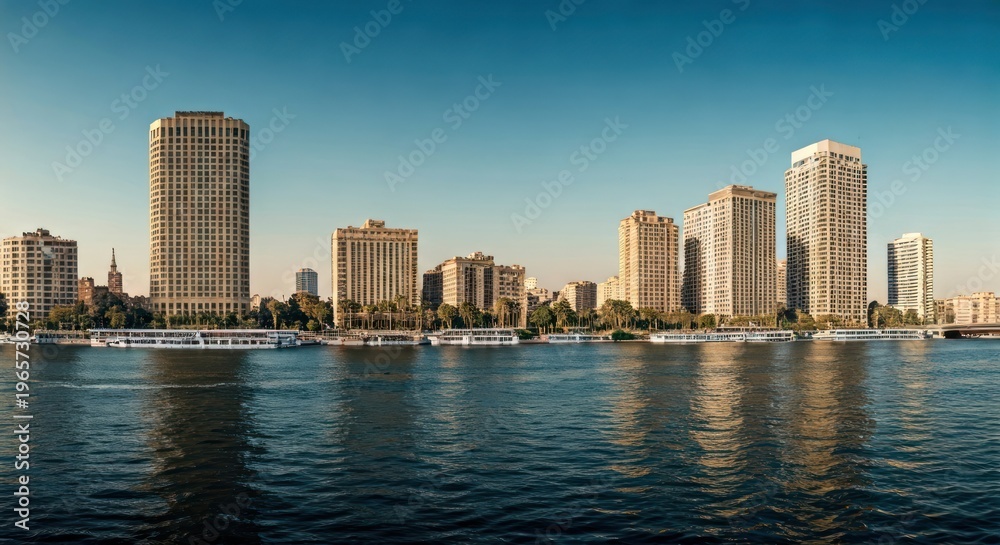 Fototapeta premium Panoramic view of a city skyline with modern high-rises reflected in a tranquil river