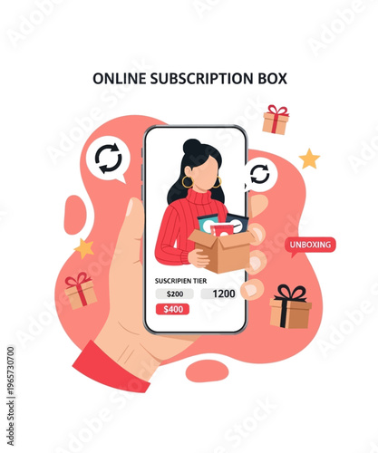 Woman views contents of curated online subscription box service purchase on mobile application interface