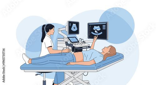 Doctor Performing Ultrasound Examination on Pregnant Woman Patient in Clinic