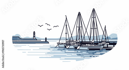 Sailing boats docked at a harbor with a lighthouse and birds flying above
