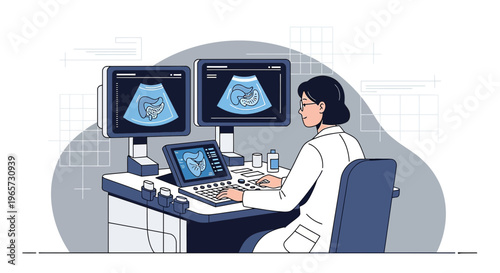 Doctor performing ultrasound examination with modern medical equipment in a clinic.
