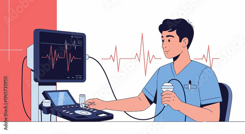 Doctor performing ultrasound examination with modern medical equipment and heart rhythm display