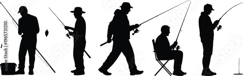 Fishing people silhouette icon set showing anglers standing, walking, and sitting with rods, outdoor leisure activity isolated on white background for sport, hobby, and design use