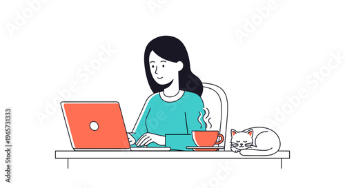 Woman working on laptop with coffee and sleeping cat