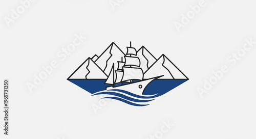 Sailing ship with sails near mountains over blue water with waves