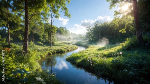 Meandering river with misty banks in sunlit forest clearing