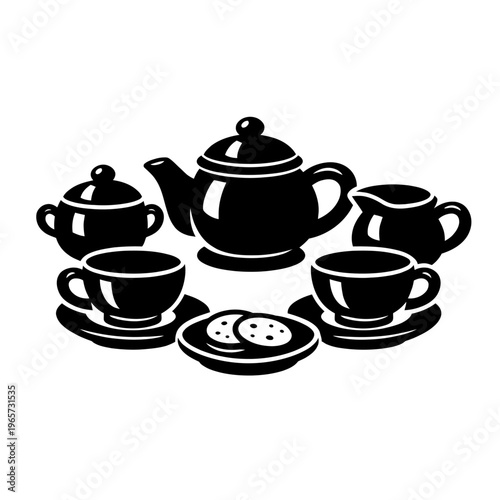 Black silhouette of a tea set with teapot, cups, and plate of cookies on a white background, perfect for baking and coffee time