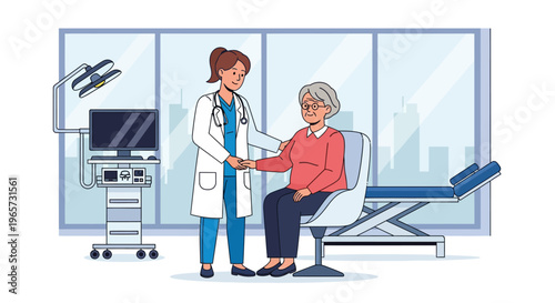 Doctor Reassuring Senior Woman in Modern Clinic