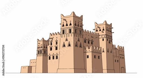 Sand-colored fortress with multiple towers and crenellated battlements