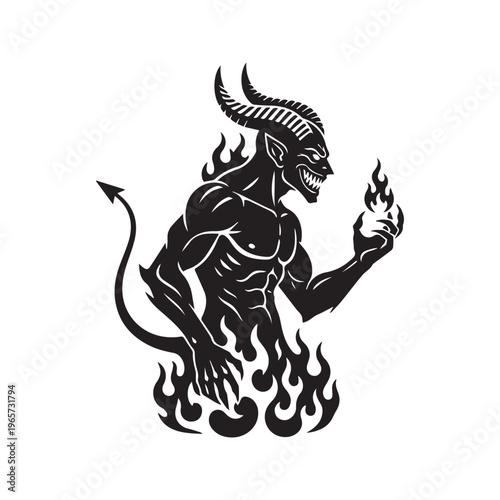 Devil Silhouette with Horns and Tail Rising from Flames, Evil Demon Vector Illustration
