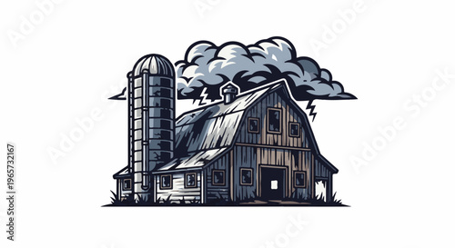 Rustic barn and silo under a stormy, lightning-filled sky