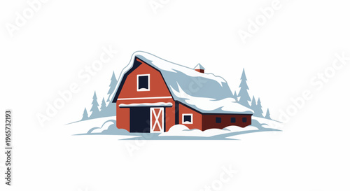 Rustic barn covered in snow, surrounded by evergreen trees