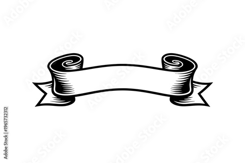 Black and white illustration of a blank ribbon banner with scroll ends, perfect for adding custom text or messages