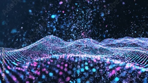 Abstract flowing digital wave of glowing particles in shades of blue and pink against a dark background, representing data or technology