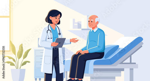 Physician Consulting Senior Patient in Sunny Clinic