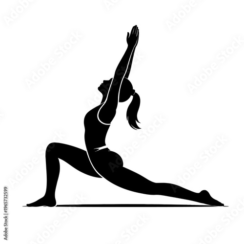 Silhouette of a woman performing a yoga pose in a lunge position with one arm raised upwards in a fitness and wellness setting for meditation and exercise