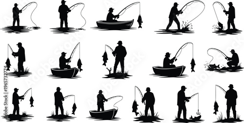 Fishing silhouettes collection showing anglers catching fish from shore and boat, black vector icons set for outdoor sport, hobby, recreation, and wildlife illustration concepts