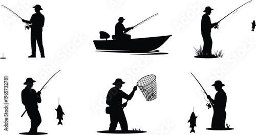 Fishing silhouette set with angler, boat and rod, fisherman catching fish vector collection for outdoor sport and hobby illustration