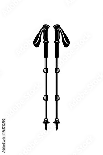 Black trekking poles on white background for hiking and walking
