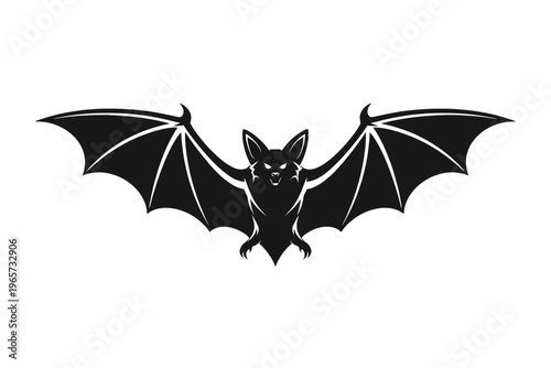 A black silhouette of a bat with outstretched wings on a white background, symbolizing Halloween or nocturnal wildlife