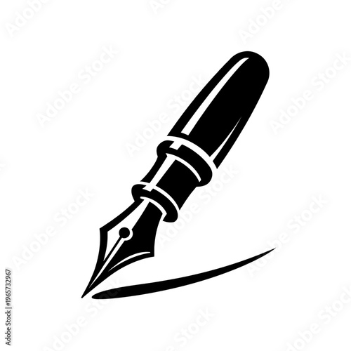 A black and white illustration of a fountain pen nib writing on paper with a smooth, flowing line.
