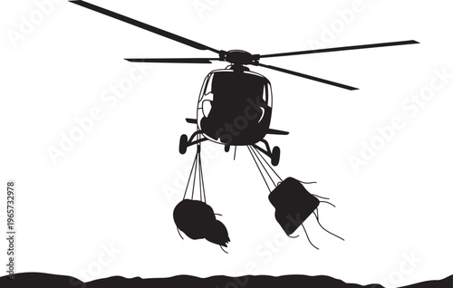 Helicopter airlifting large cargo pods in silhouette, vector illustration, heavy lift operation