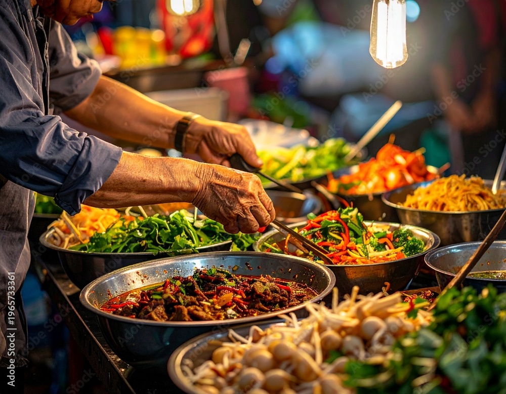 Obraz premium Vendor Preparing Colorful Fresh Vegetables at Vibrant Night Market