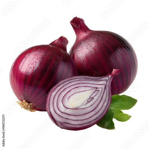 Three vibrant red onions are elegantly arranged with one sliced and a green leaf garnish. isolated on transparent background