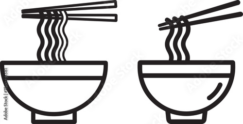 Vector illustration of noodles in bowls with chopsticks, asian food concept, simple line art, black and white, food icon, stir fry
