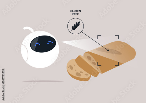 Advanced robot diligently scans a loaf of gluten-free bread, ensuring safety by detecting allergens, Bright laser highlights its high-tech features and expert precision