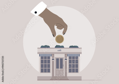 A hand is placing a coin atop a charming cafe, symbolizing investment and hope for small businesses to thrive, creating connections within the community and boosting local economies.