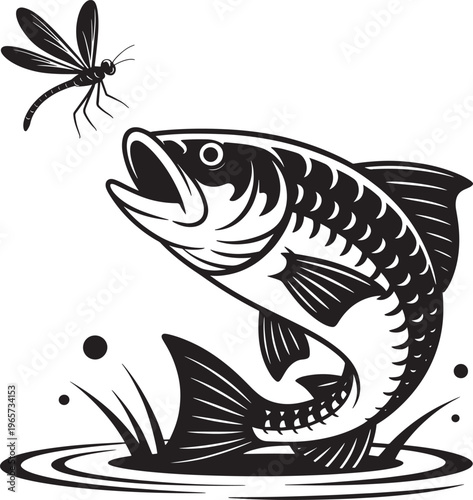 Black and white illustration of a bass fish jumping for a dragonfly near the water surface with sport fishing with line art with food chain